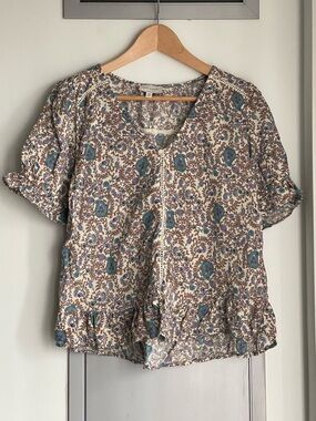 LUCKY BRAND Floral Paisley V-Neck Ruffle Hem Top - Cream Teal